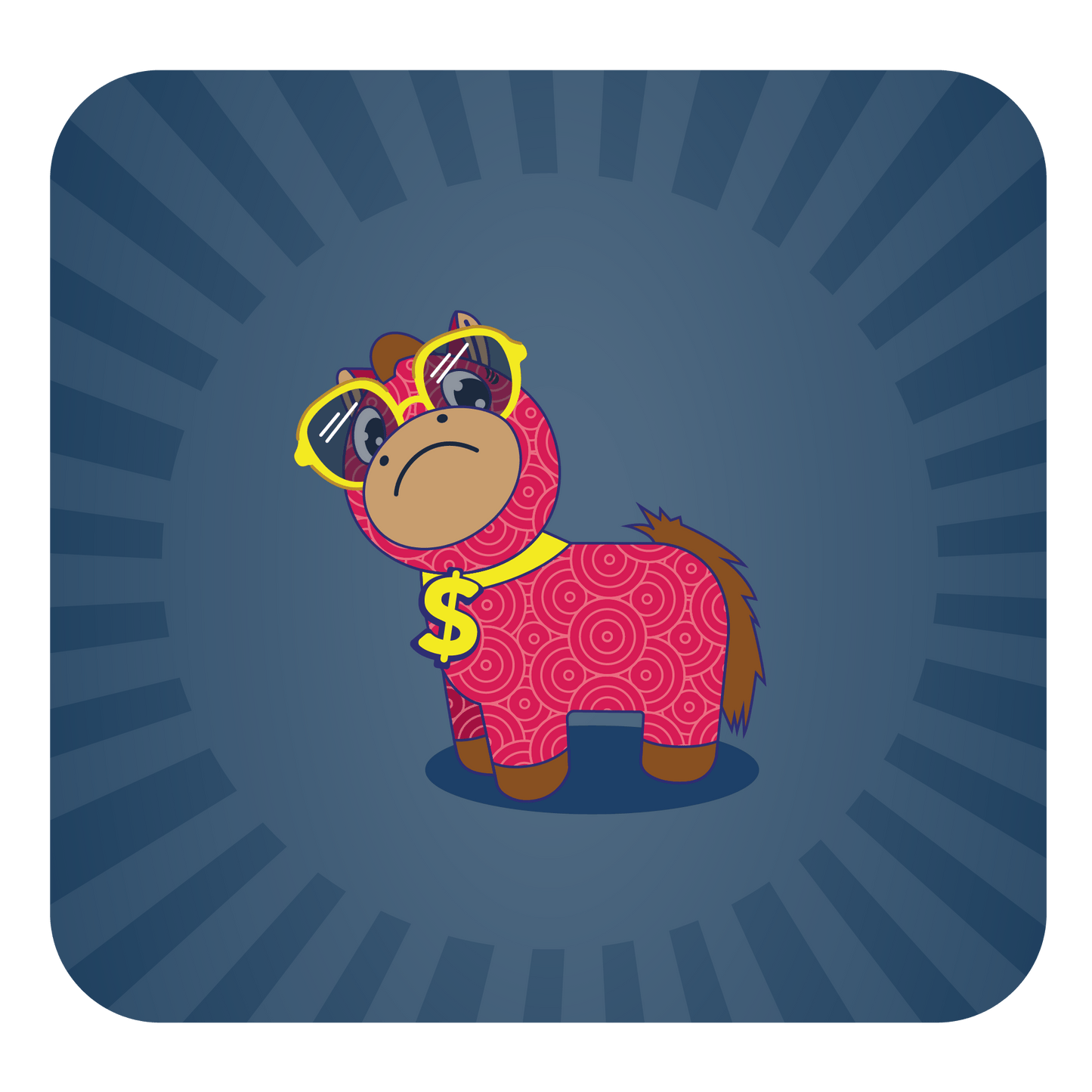 Cartoon red horse wearing sunglasses and dollar sign medallion