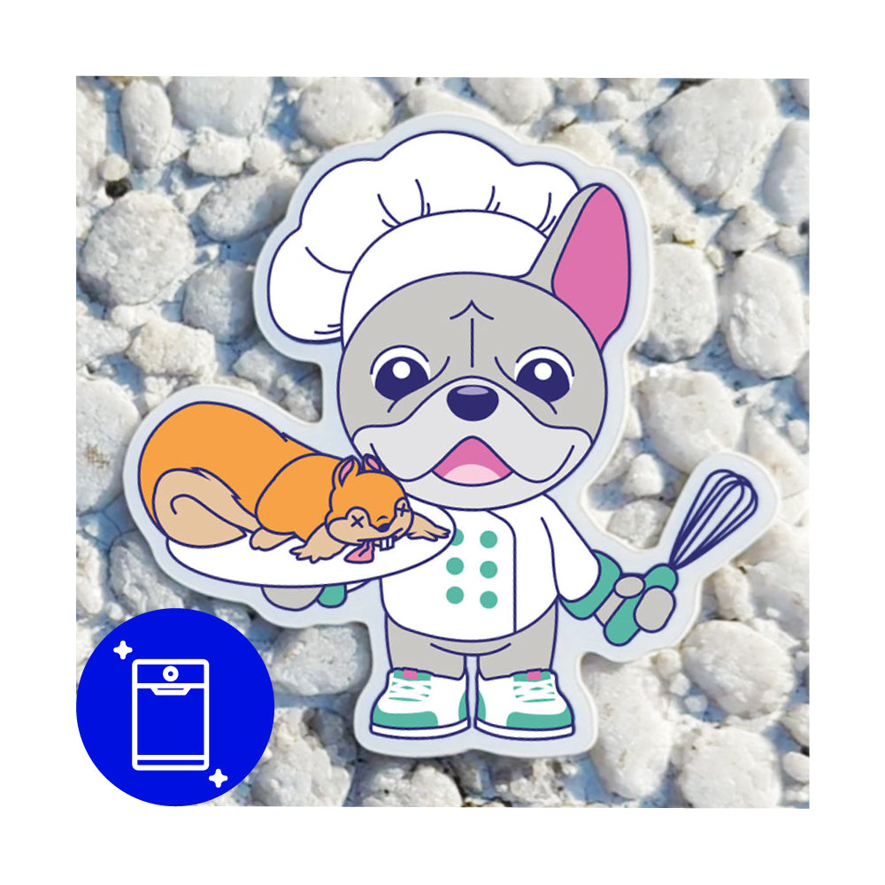 Cute sticker of a french bulldog chef holding a squirrel.