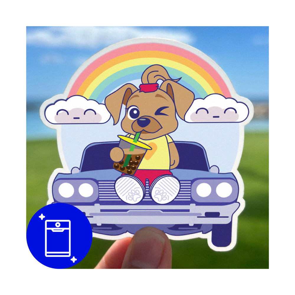 Cute sticker of cute girl dog drinking boba.