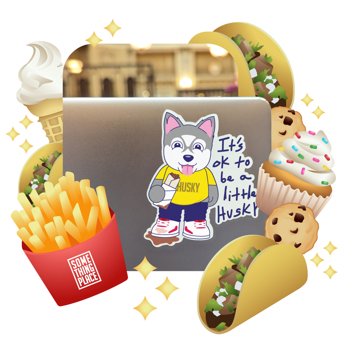 cute collage of fast food surrounding a cute cartoon husky sticker