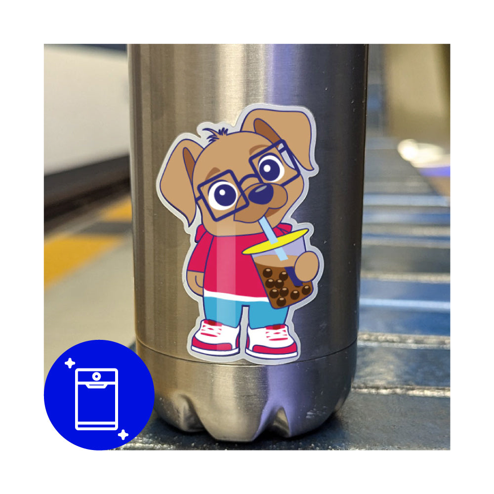 Image of water bottle with cute cartoon dog drinking boba.