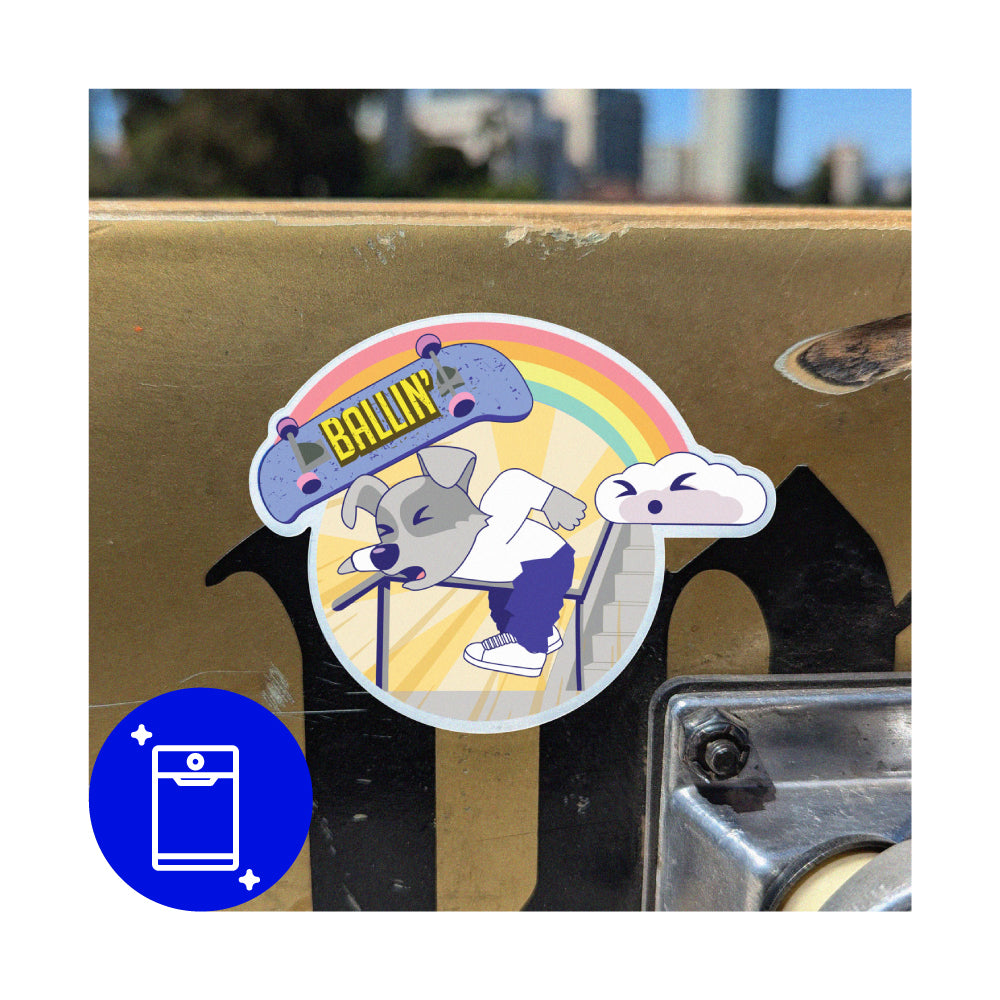 Funny sticker of a skate board dog falling