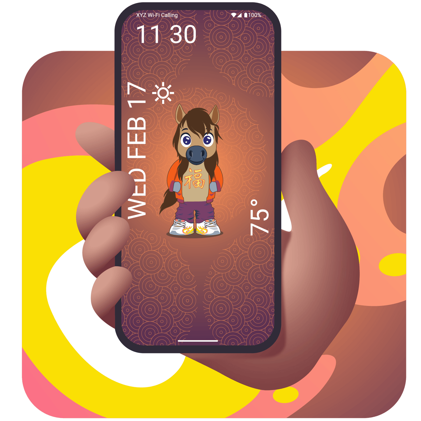 Cartoon fire horse character wearing street clothes for Chinese new year mobile wallpaper