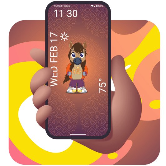 Cartoon fire horse character wearing street clothes for Chinese new year mobile wallpaper