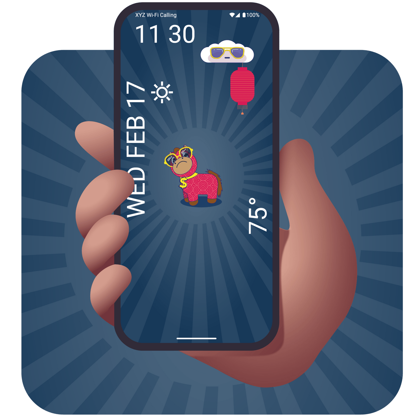 Cartoon red horse wearing sunglasses and dollar sign medallion in a phone