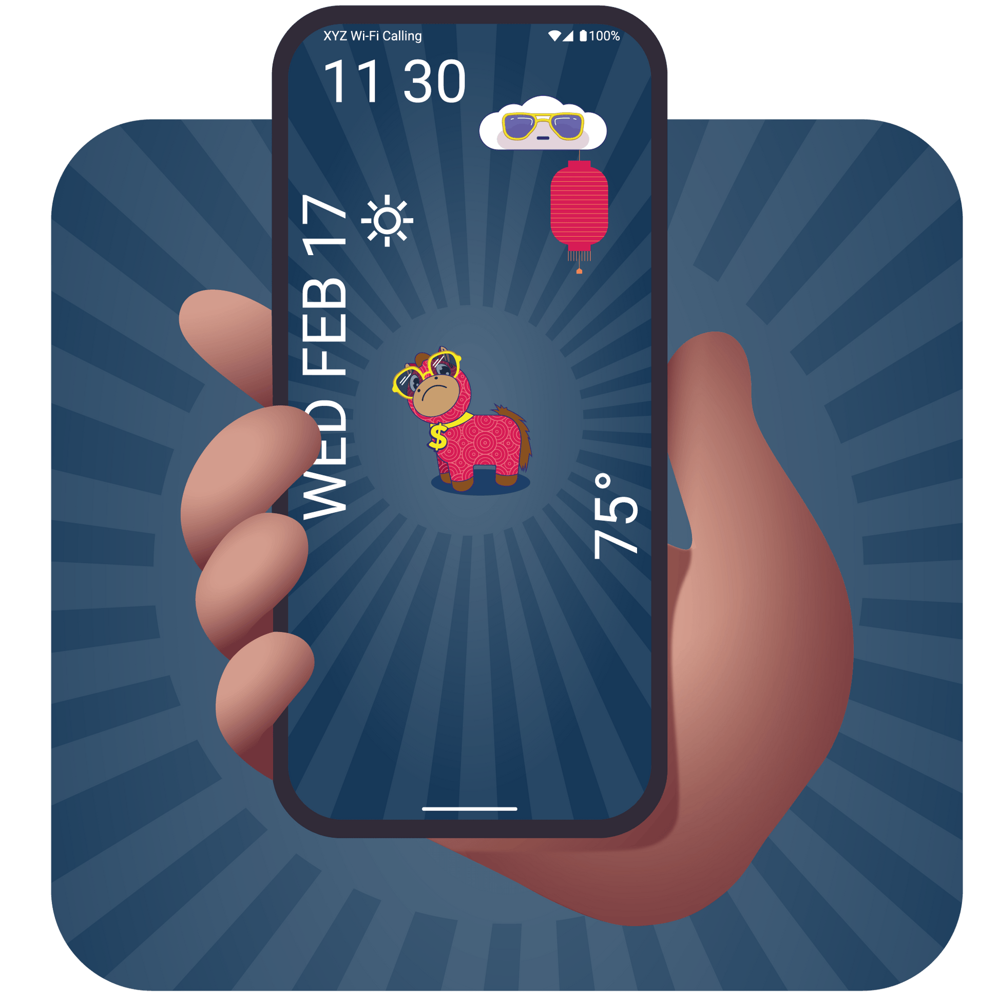 Cartoon red horse wearing sunglasses and dollar sign medallion in a phone