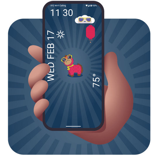 Cartoon red horse wearing sunglasses and dollar sign medallion in a phone