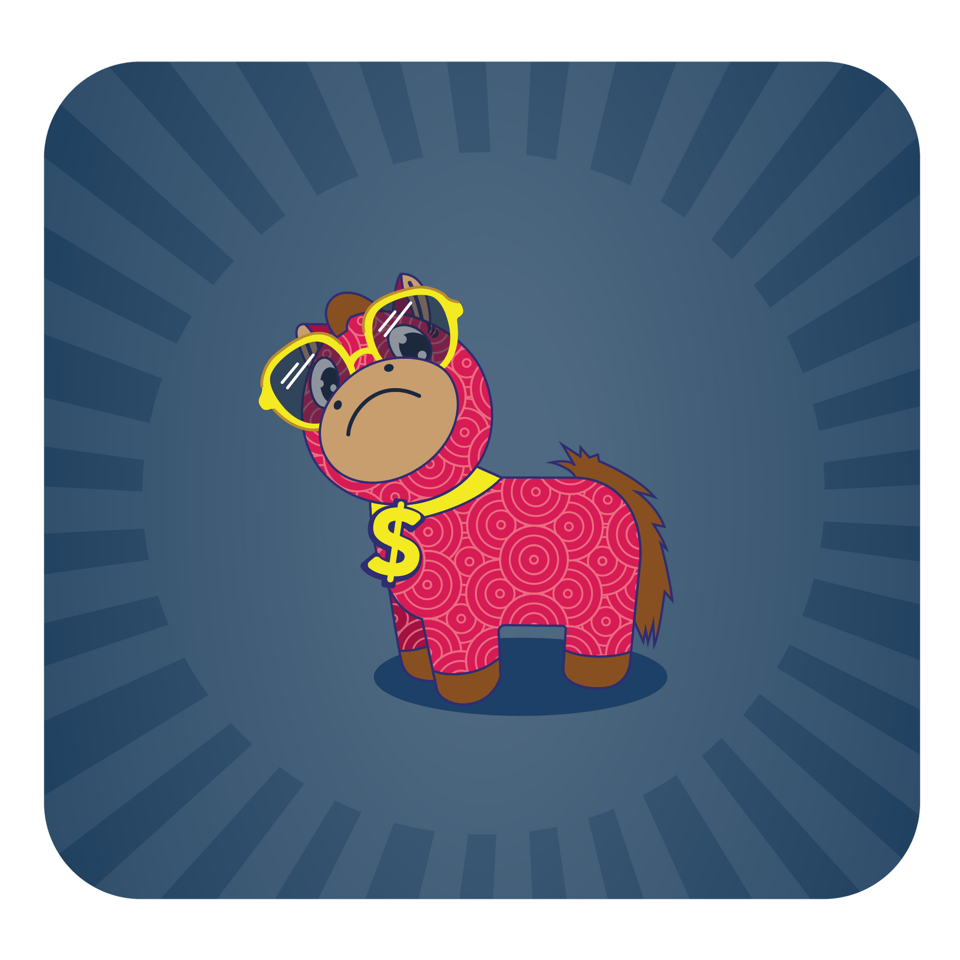 Cartoon red horse wearing sunglasses and dollar sign medallion