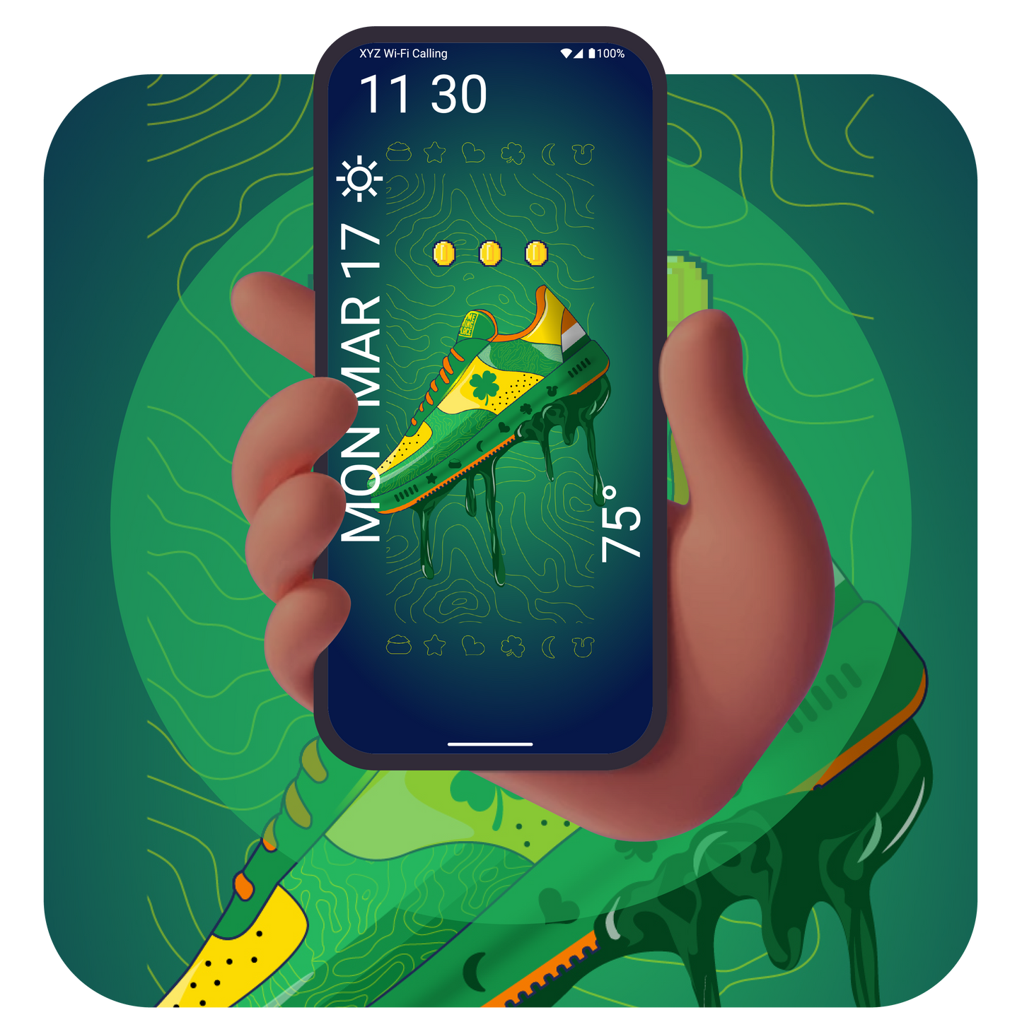 A digital illustration of a hand holding a smartphone displaying a shoe with green and yellow colors, resembling a St. Patrick's Day theme.
