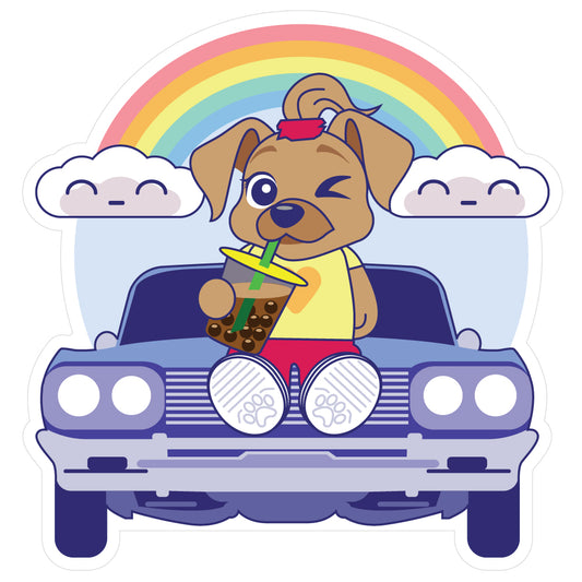 Cute vinyl sticker of a girl dog wearing a yellow shirt and red pants sitting on a vintage car drinking a boba