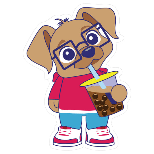 Vinyl sticker of a brown dog wearing eyeglasses a hoodie and sneakers drinking a boba