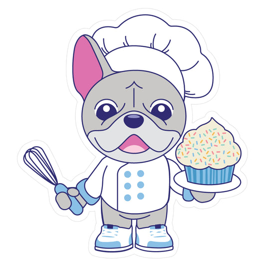 Kawaii sticker of a gray french bulldog dressed as a chef holding a cupcake