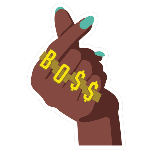 Cool sticker of a black woman’s manicured hand doing the finger heart and she's wearing four rings with letters that spell out “BOSS”