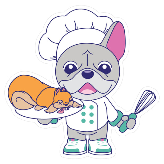 Funny sticker of a gray french bulldog dressed as a chef holding a tray with a dead squirrel