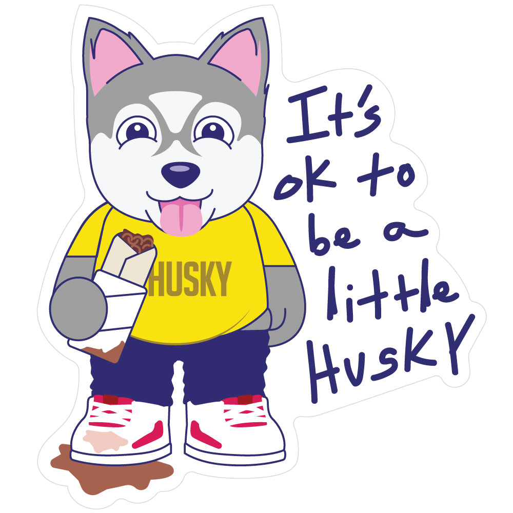 Cute vinyl sticker of a chubby husky eating a burrito that is dripping on its shoes