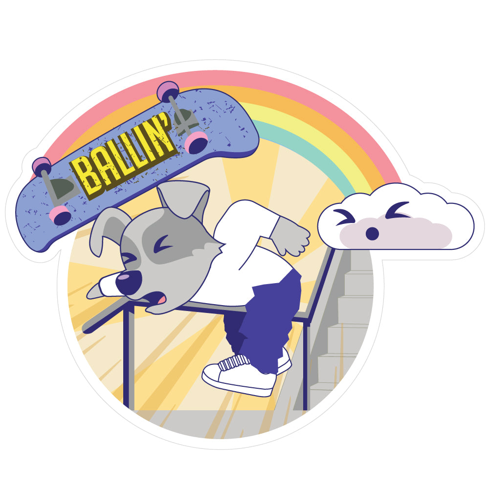 Funny sticker of a skater dog failing a skateboard trick with a rainbow above him and a cloud making a shocked face