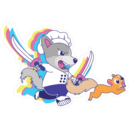 Comical sticker of a gray dog dressed as a chef holding ninja swords and chasing a scared squirrel