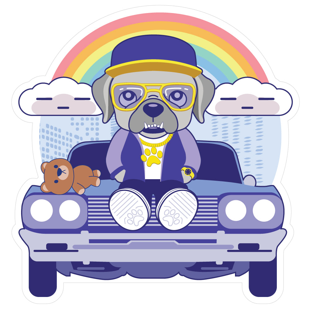 Cool vinyl sticker of a bulldog wearing a hat a jacket a chain a gold watch and sitting on a vintage car next to a teddy bear and above him is a rainbow connecting two clouds with relaxed faces