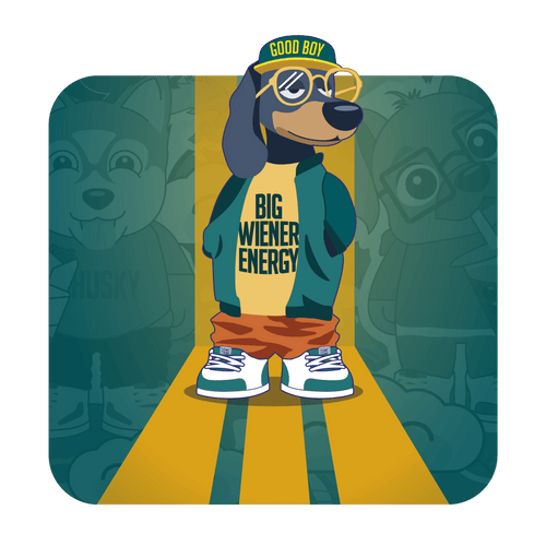 Wiener dog wearing street clothes and a t-shirt that says "Big Wiener Energy" 