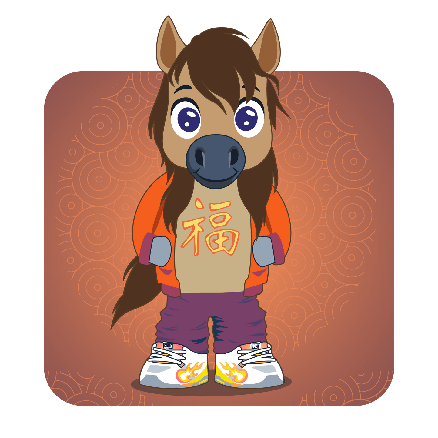 Cartoon fire horse character wearing street clothes for Chinese new year 