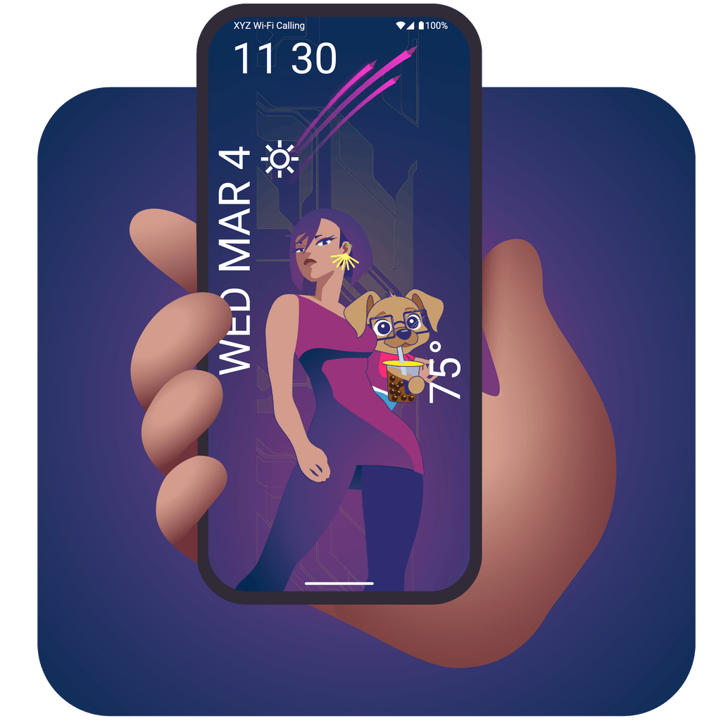 Hand holding a smartphone with a wallpaper of a woman holding a dog