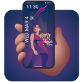 Hand holding a smartphone with a wallpaper of a woman holding a dog