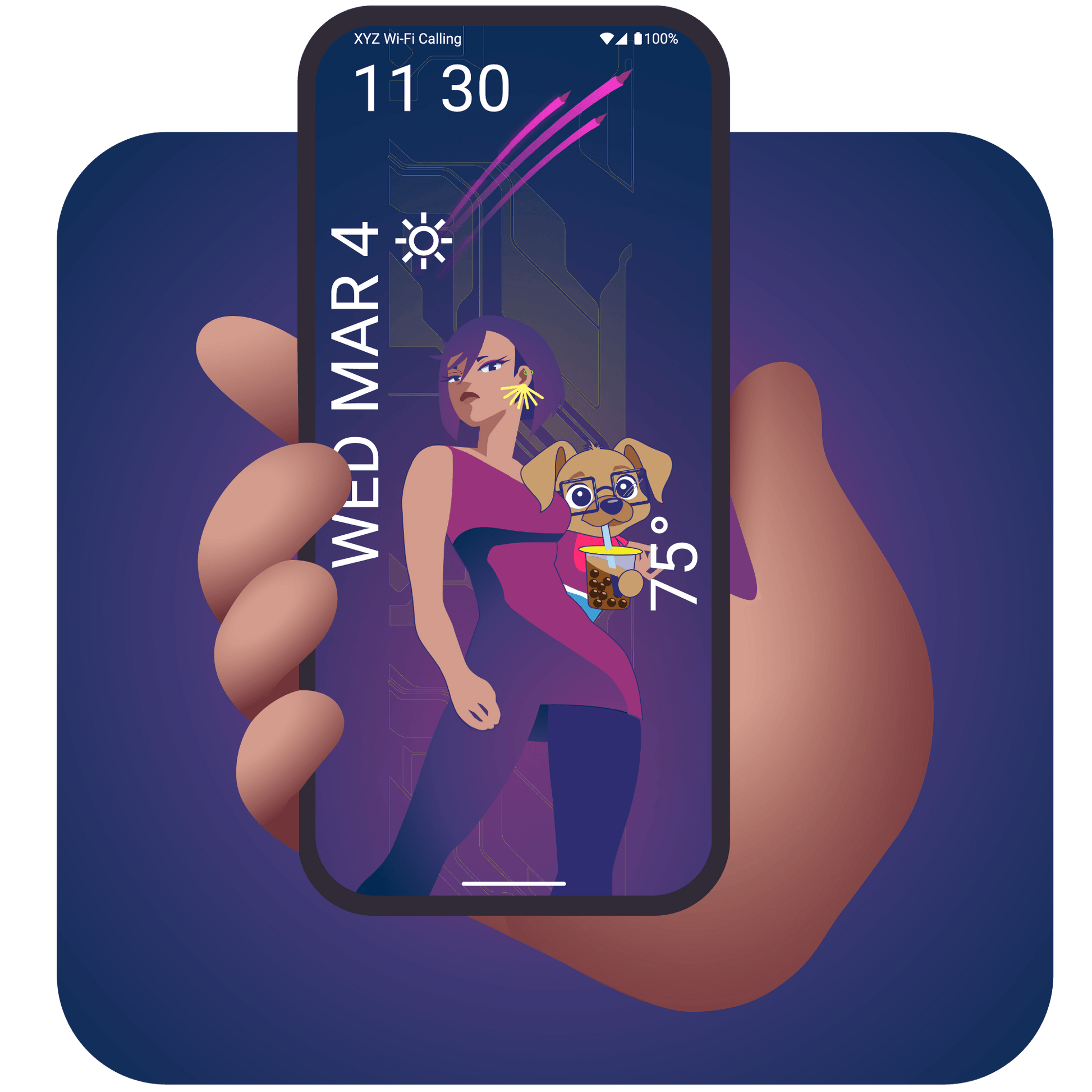 Hand holding a smartphone with a wallpaper of a woman holding a dog