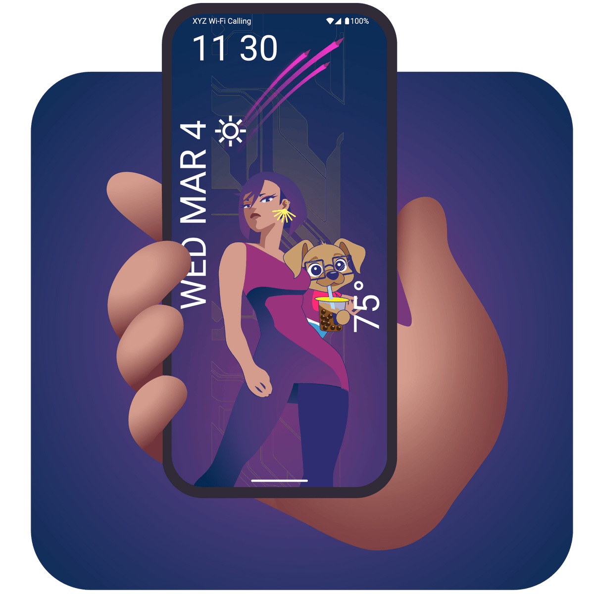 Hand holding a smartphone with a wallpaper of a woman holding a dog