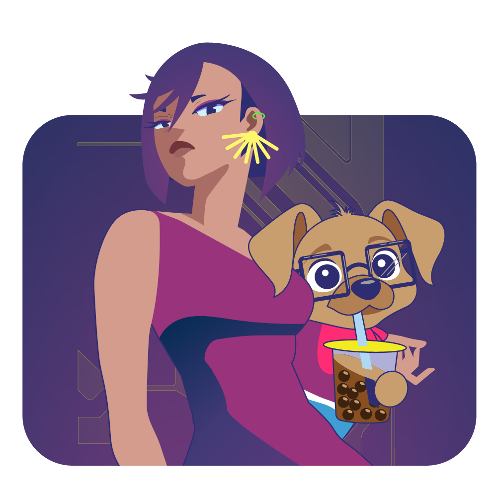 Illustration of a woman with purple hair and a dog wearing glasses holding a drink.
