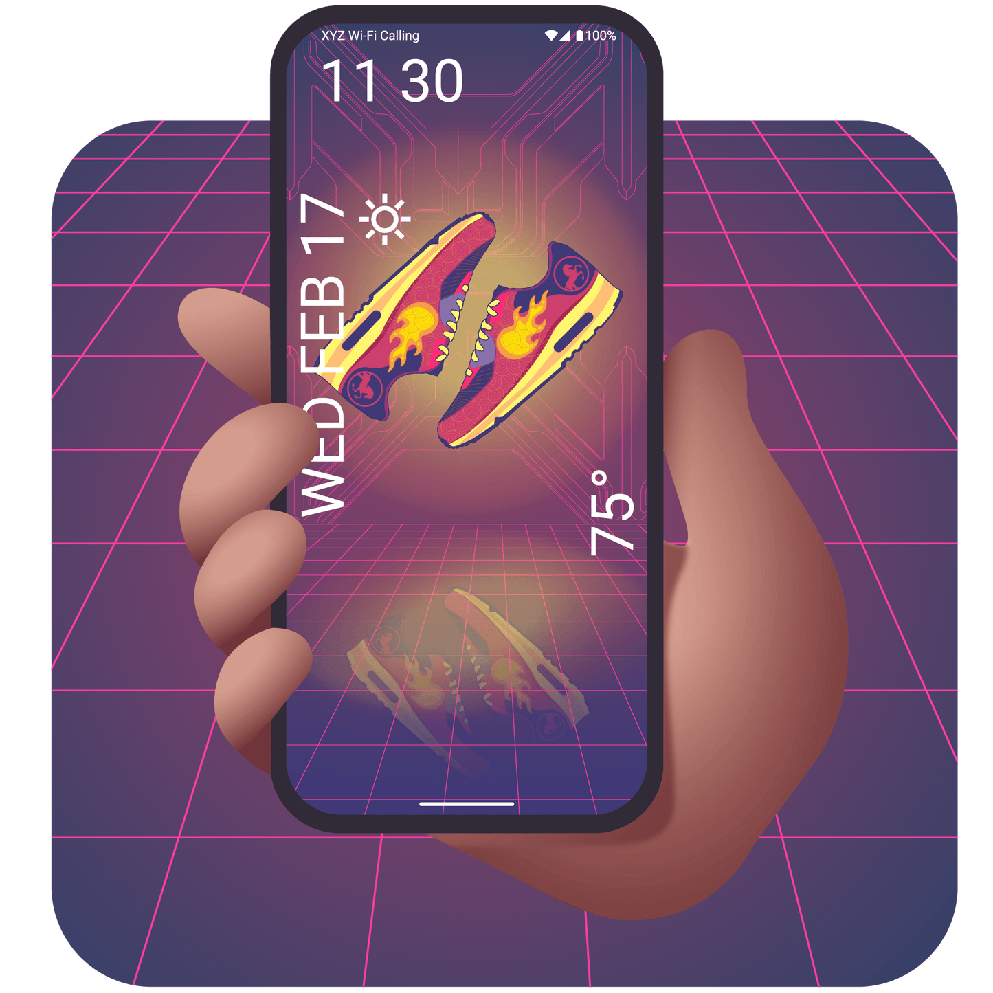 Floating sneakers in digital environment for Chinese new year mobile wallpaper