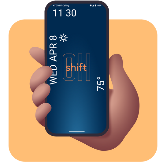 Hand holding a smartphone with a blue screen and orange text that says oh shift
