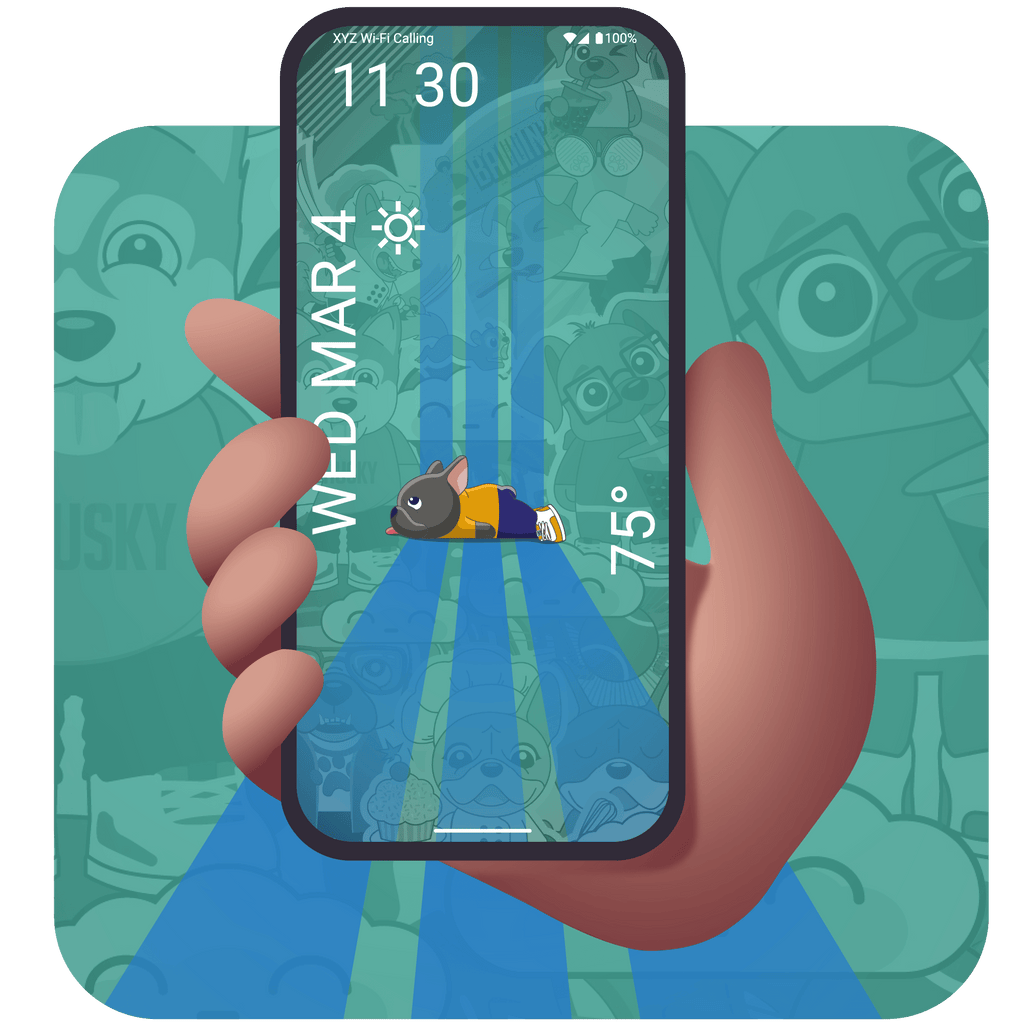 Hand holding a smartphone with a colorful app interface featuring a french bulldog laying on its stomach