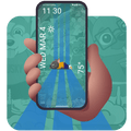 Hand holding a smartphone with a colorful app interface featuring a french bulldog laying on its stomach