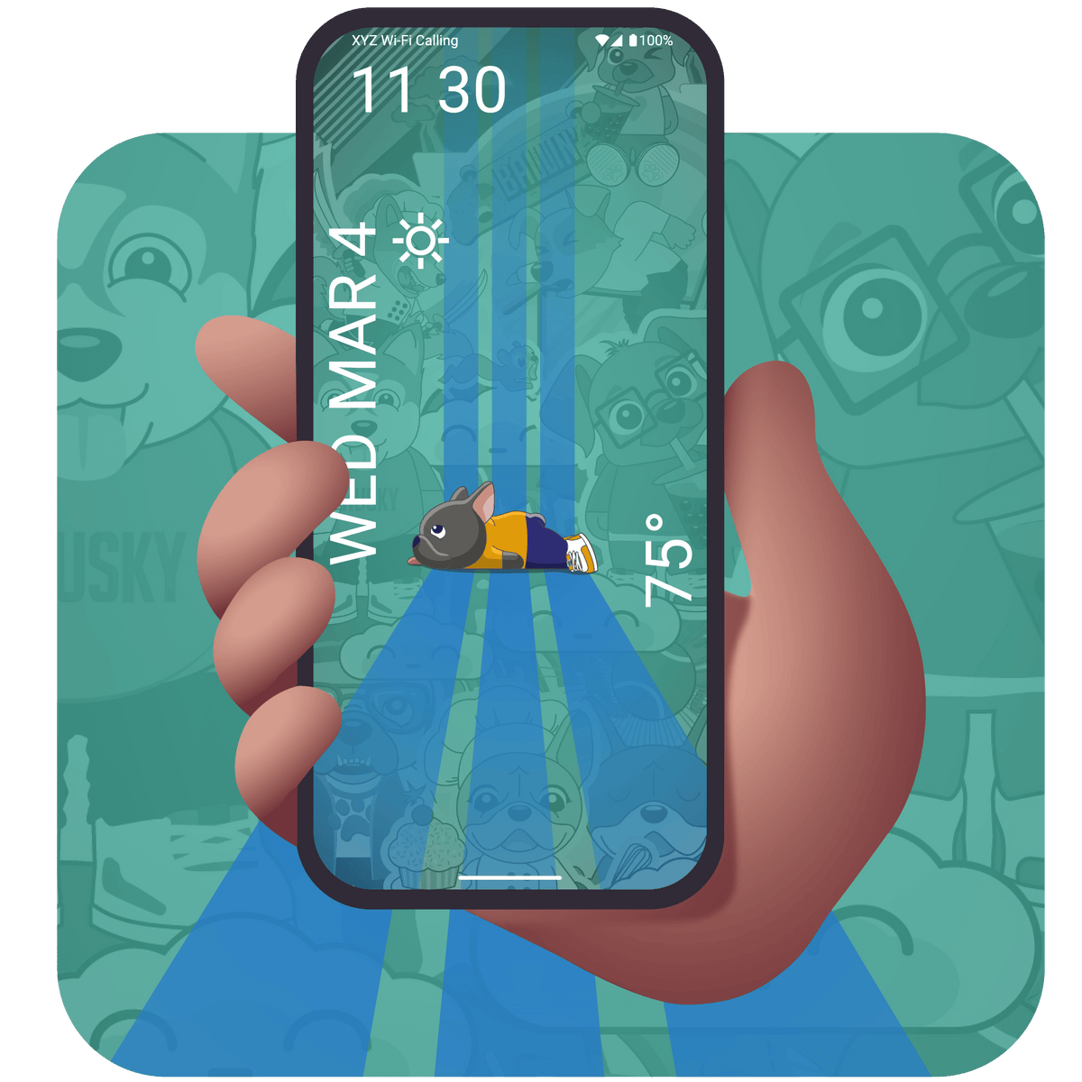 Hand holding a smartphone with a colorful app interface featuring a french bulldog laying on its stomach
