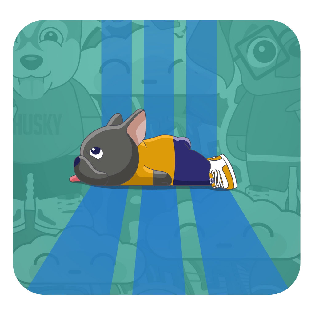 Cartoon french bulldog lying on a blue race stripe with a green background featuring dog-themed graphics.