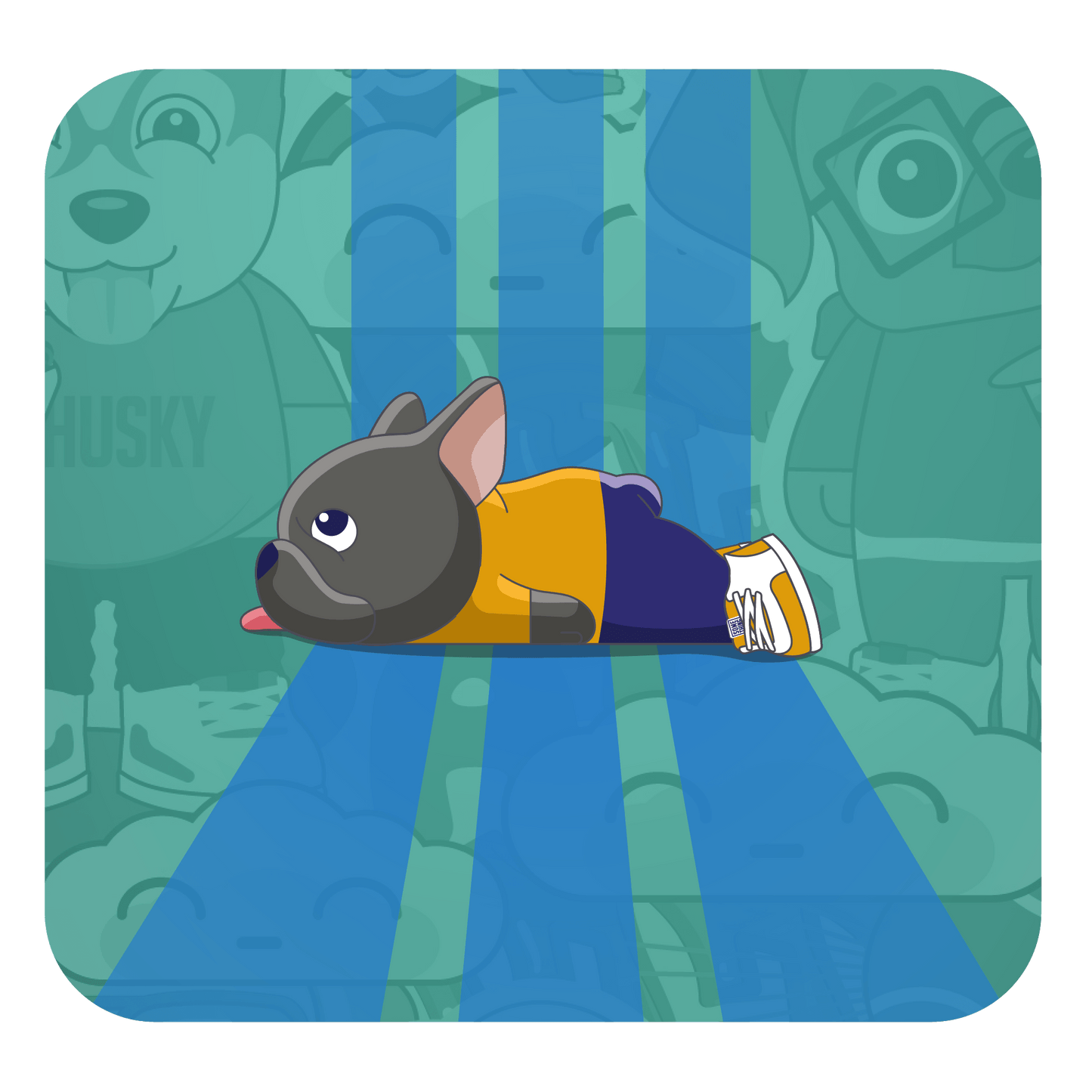 Cartoon french bulldog lying on a blue race stripe with a green background featuring dog-themed graphics.