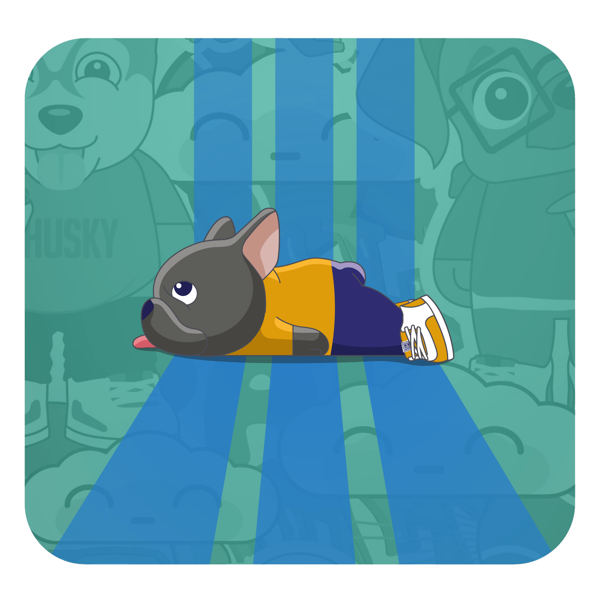 Cartoon french bulldog lying on a blue race stripe with a green background featuring dog-themed graphics.