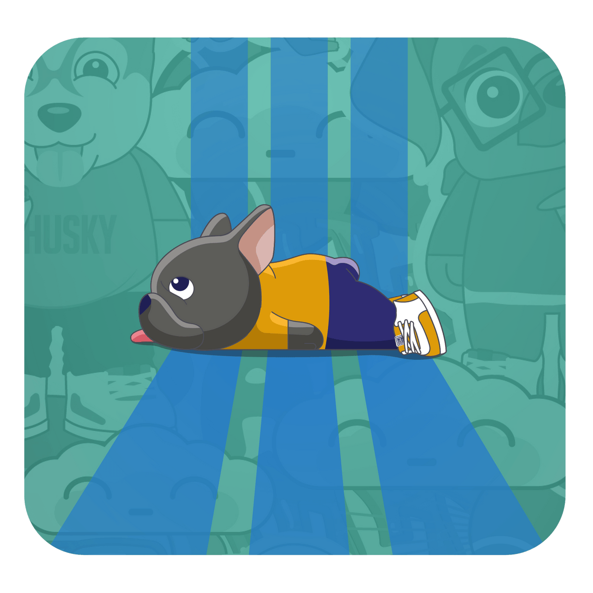 Cartoon french bulldog lying on a blue race stripe with a green background featuring dog-themed graphics.