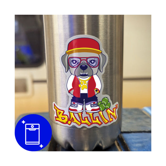 Cute sticker of bulldog character in urban clothes standing next to tennis balls and text that reads "BALLIN'"