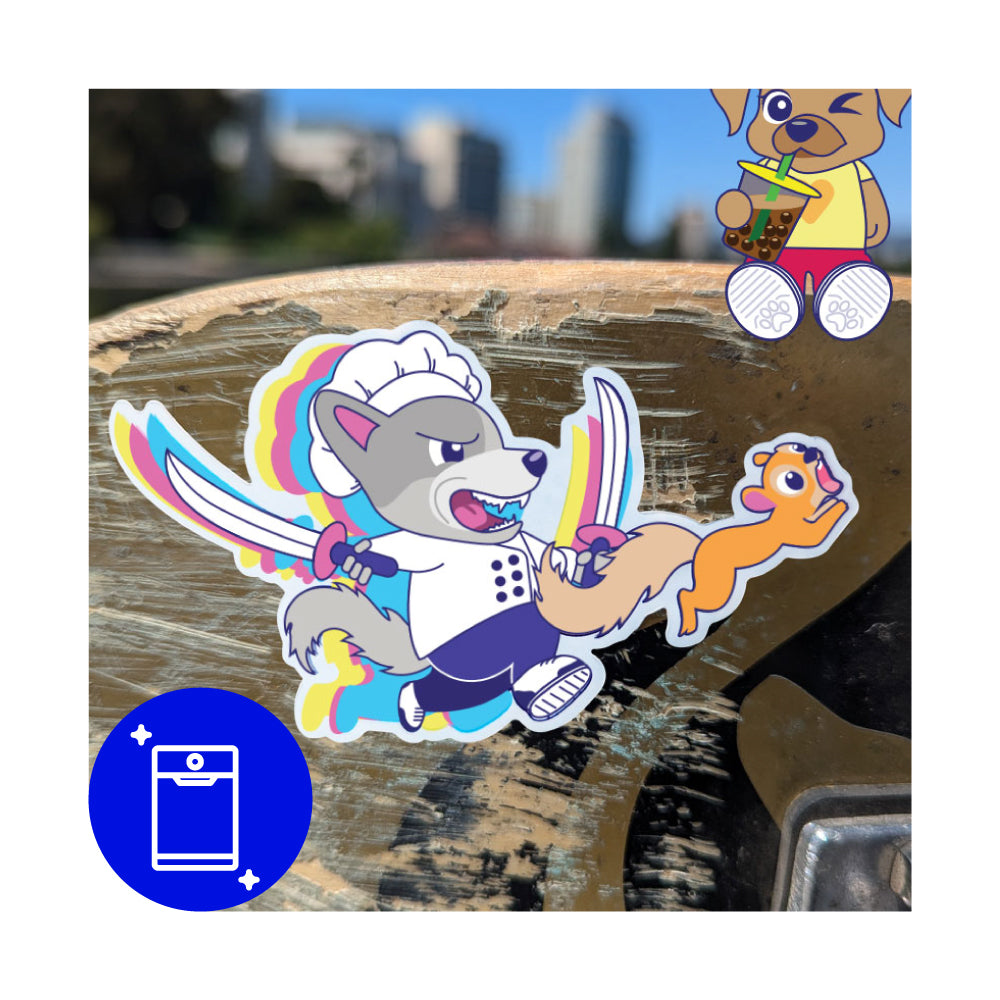 Sticker of funny dog chasing squirrel.