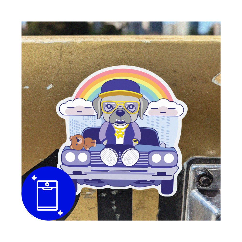 Cute sticker of bulldog character sitting on a muscle car.