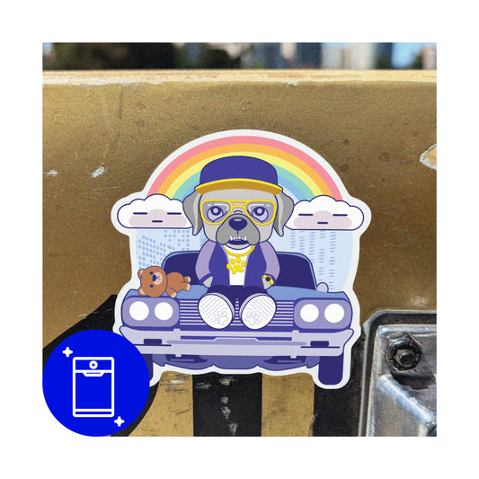Cute sticker of bulldog character sitting on a muscle car.