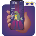 Hand holding a smartphone with a dinosaur-themed wallpaper on a purple background