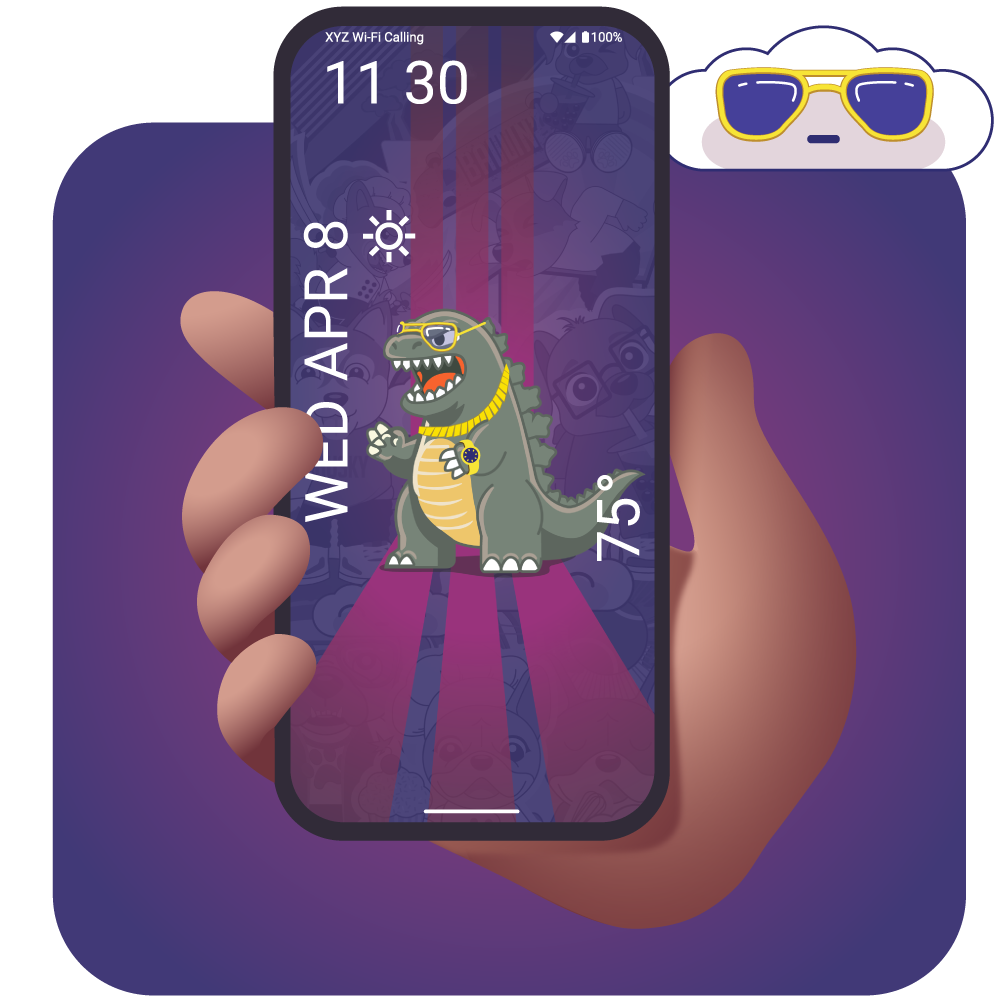 Hand holding a smartphone with a dinosaur-themed wallpaper on a purple background