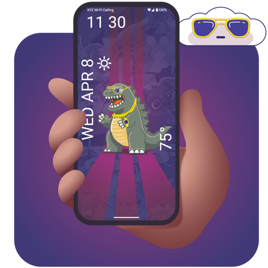 Hand holding a smartphone with a dinosaur-themed wallpaper on a purple background