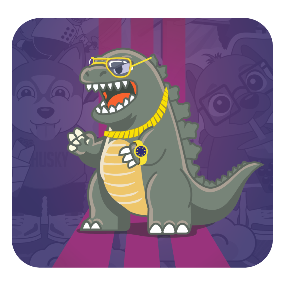 Cartoon dinosaur with sunglasses and a gold chain on a purple background