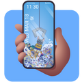 Hand holding a smartphone with an interface showing a cartoon toy claw machine