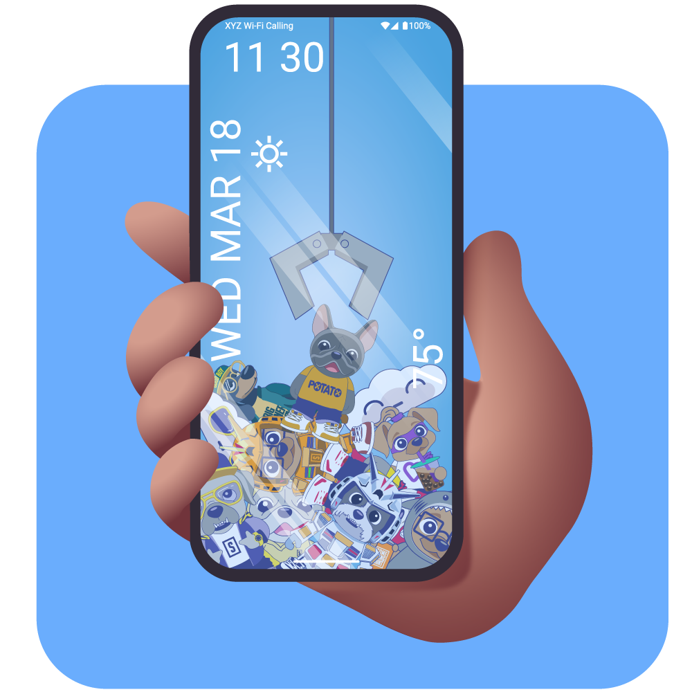 Hand holding a smartphone with an interface showing a cartoon toy claw machine