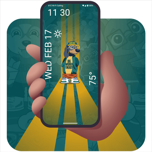 Wiener dog wearing street clothes and a t-shirt that says "Big Wiener Energy" mobile wallpaper