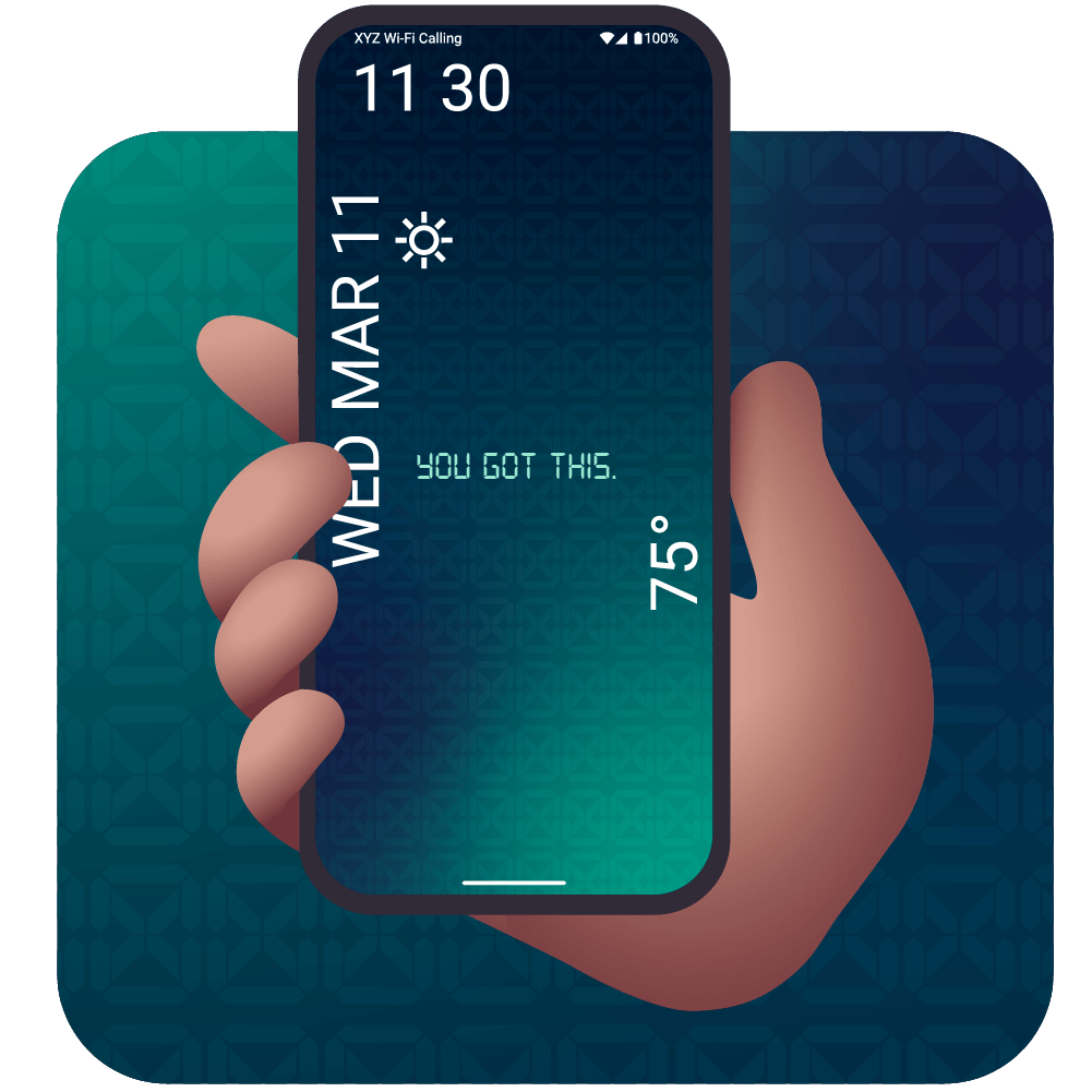 Hand holding a smartphone with motivational message on a blue gradient background